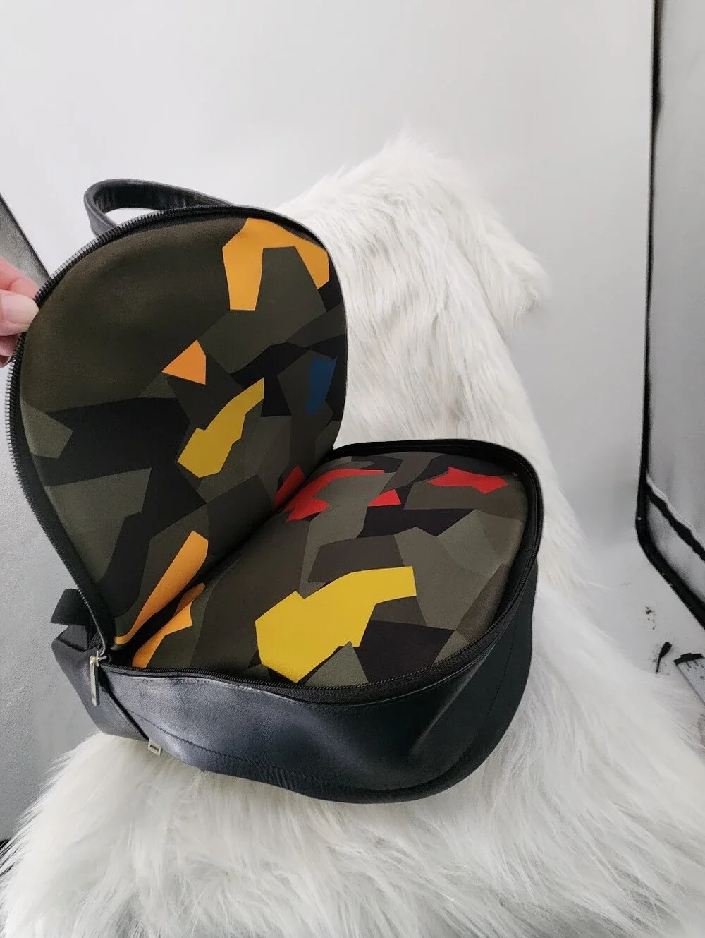 Jack Spade Leather Backpack, Kaleidoscope Front Pocket & Camo Inside, 100% Cow..
